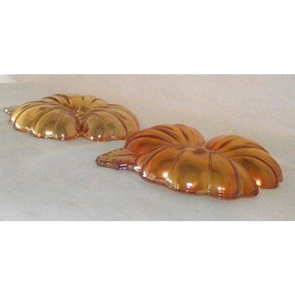 Jeannette Glass Iridescent 2 Leaf Dish Marigold Carnival Glass Clover Candy Nuts - Picture 4 of 6